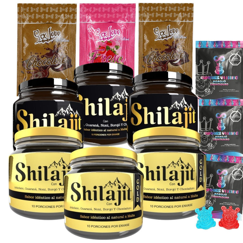 Pack Shilajit Original y Gold x6 frascos con sachets chocolate, fresa y Gomitas Vi King. Combo para adultos enfocado en energía, vitalidad y bienestar diario.