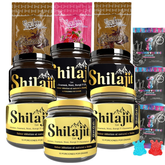 Pack Shilajit Original y Gold x6 frascos con sachets chocolate, fresa y Gomitas Vi King. Combo para adultos enfocado en energía, vitalidad y bienestar diario.