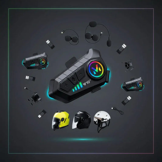 Pack de 2 intercomunicadores V10 para moto con Bluetooth 5.3, reducción de ruido, resistencia IPX6 y hasta 15 horas de autonomía para llamadas, música y GPS.