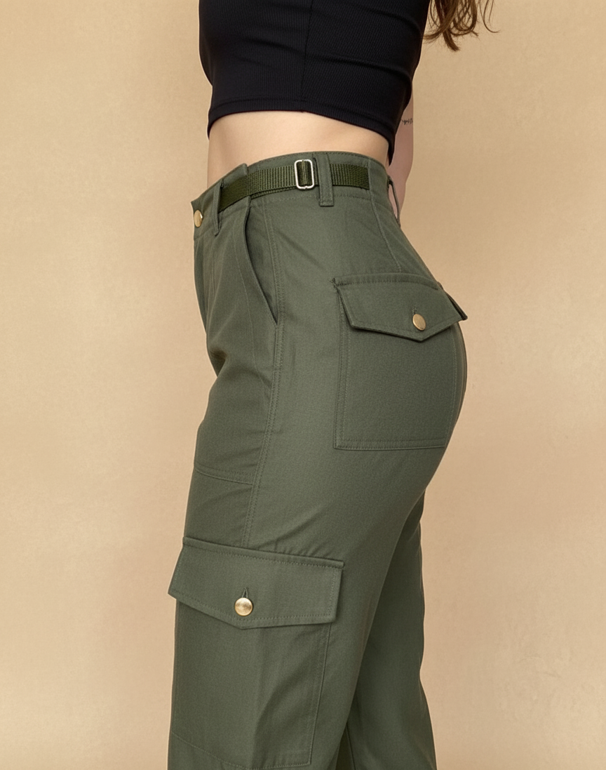 Pantalón cargo para mujer con bolsillos laterales y ajuste con hebillas. Diseño urbano, cómodo y versátil para looks casuales en Colombia.