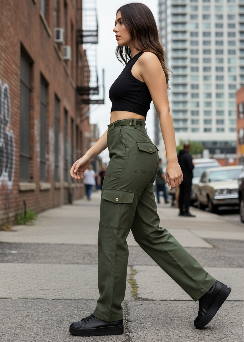 Pantalón cargo para mujer con bolsillos laterales y ajuste con hebillas. Diseño urbano, cómodo y versátil para looks casuales en Colombia.