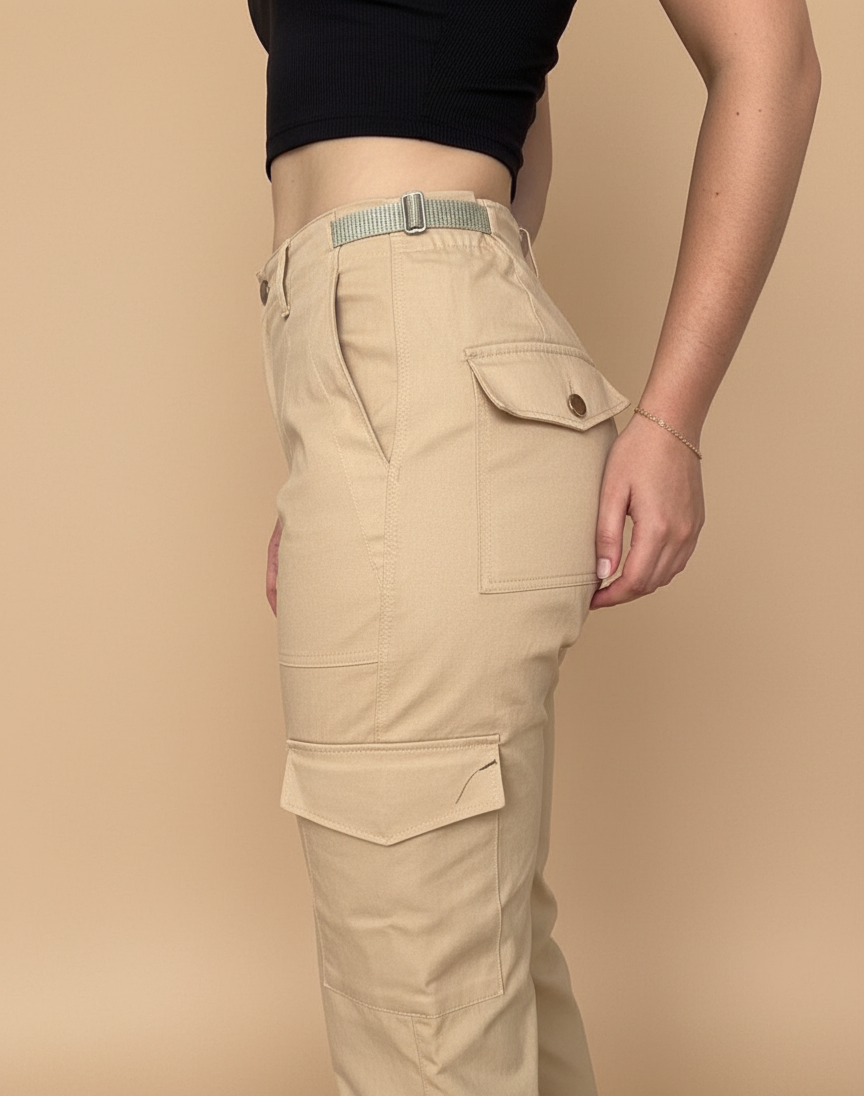 Pantalón cargo para mujer con bolsillos laterales y ajuste con hebillas. Diseño urbano, cómodo y versátil para looks casuales en Colombia.
