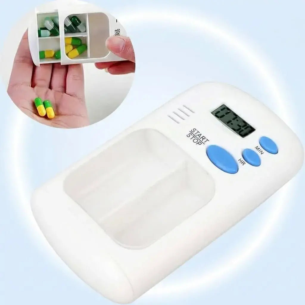 Pastillero inteligente con pantalla digital y 6 alarmas programables para recordar la toma de medicamentos a tiempo.
