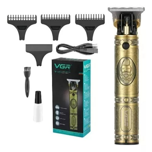 Patillera profesional VGR V-085 dorada inalámbrica, con cuchillas de acero inoxidable, batería de litio de 1500 mAh, cabezal lavable, guías de corte y carga USB.