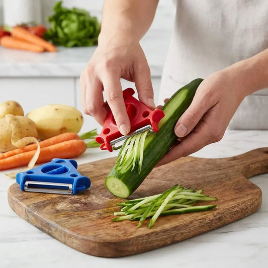 Pelador de Cocina 3 en 1 en acero inoxidable para frutas y verduras. Pela, rebana y corta en juliana con diseño ergonómico, compacto y resistente.