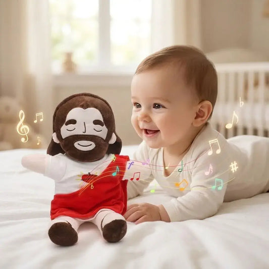 Peluche de Jesús que Respira con movimiento de pecho, sonidos relajantes, luz cálida y sensor táctil. Ideal para regalar y acompañar momentos de descanso y reflexión.
