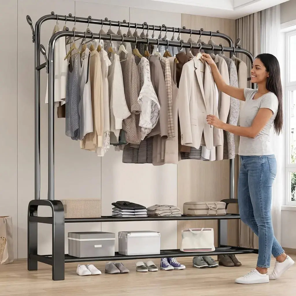 Perchero zapatero metálico 3 en 1 con barra para ropa, estantes laterales, ganchos y estructura resistente hasta 48 kg para organizar ropa, zapatos y accesorios.