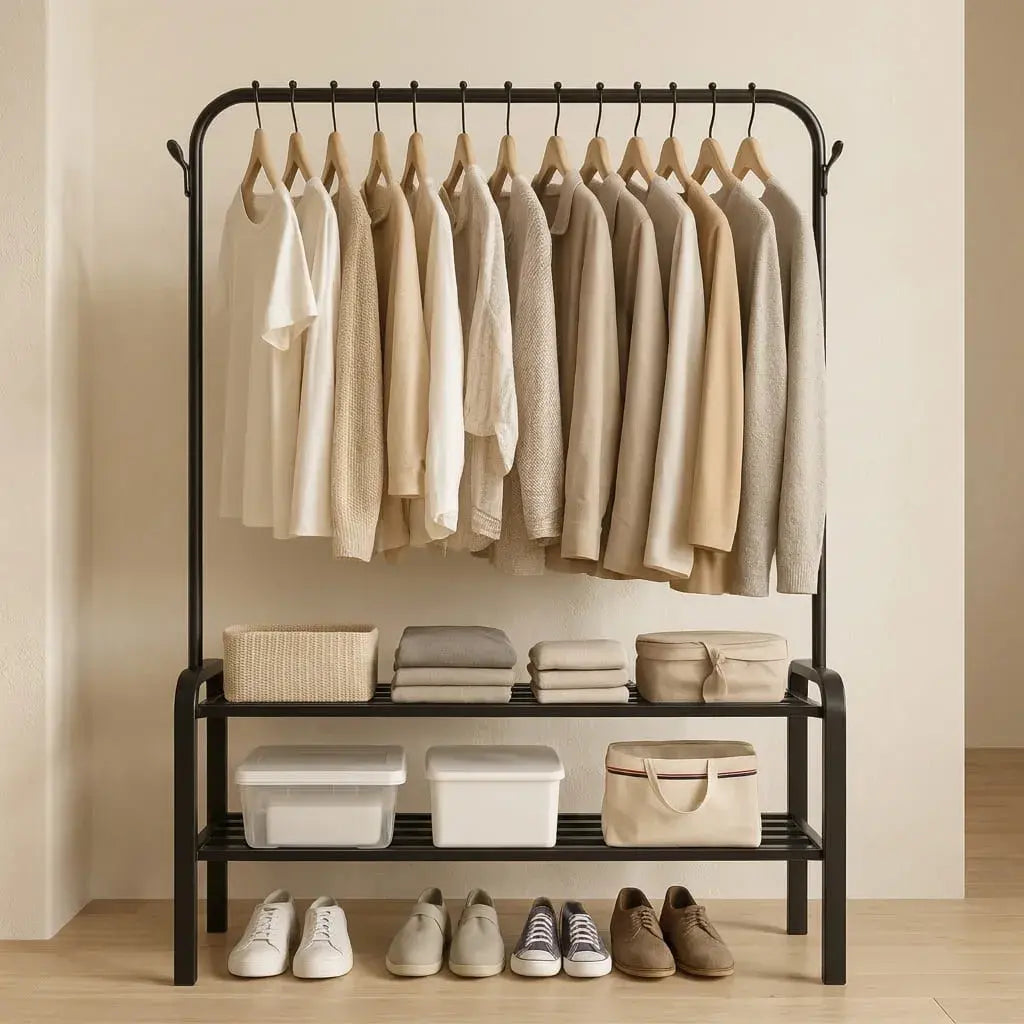 Perchero zapatero metálico 3 en 1 con barra para ropa, estantes laterales, ganchos y estructura resistente hasta 48 kg para organizar ropa, zapatos y accesorios.