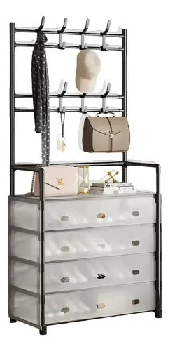 Perchero zapatero organizador 3 en 1 con 5 niveles, tapa antipolvo, 8 ganchos, estructura metálica y capacidad para 12 a 15 pares de zapatos. Ideal para dormitorio, sala o vestíbulo.