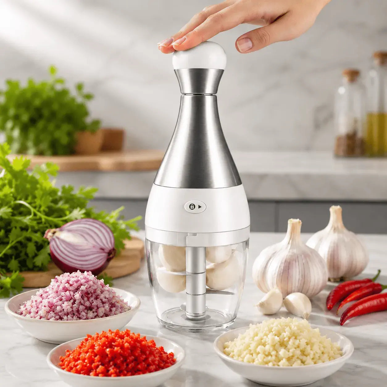 Compra Picador Manual Bolo para ajo, verduras, cebolla y carnes. Diseño práctico con cuchillas en acero inoxidable, base antideslizante y fácil limpieza
