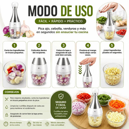 Compra Picador Manual Bolo para ajo, verduras, cebolla y carnes. Diseño práctico con cuchillas en acero inoxidable, base antideslizante y fácil limpieza