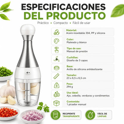 Compra Picador Manual Bolo para ajo, verduras, cebolla y carnes. Diseño práctico con cuchillas en acero inoxidable, base antideslizante y fácil limpieza