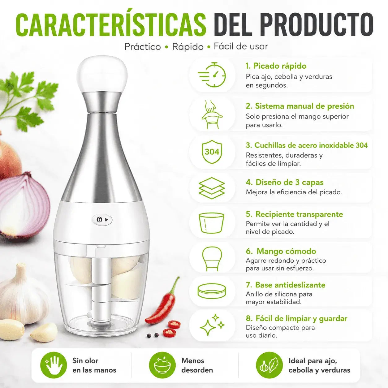 Compra Picador Manual Bolo para ajo, verduras, cebolla y carnes. Diseño práctico con cuchillas en acero inoxidable, base antideslizante y fácil limpieza