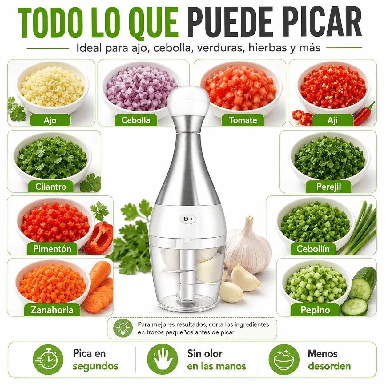 Compra Picador Manual Bolo para ajo, verduras, cebolla y carnes. Diseño práctico con cuchillas en acero inoxidable, base antideslizante y fácil limpieza