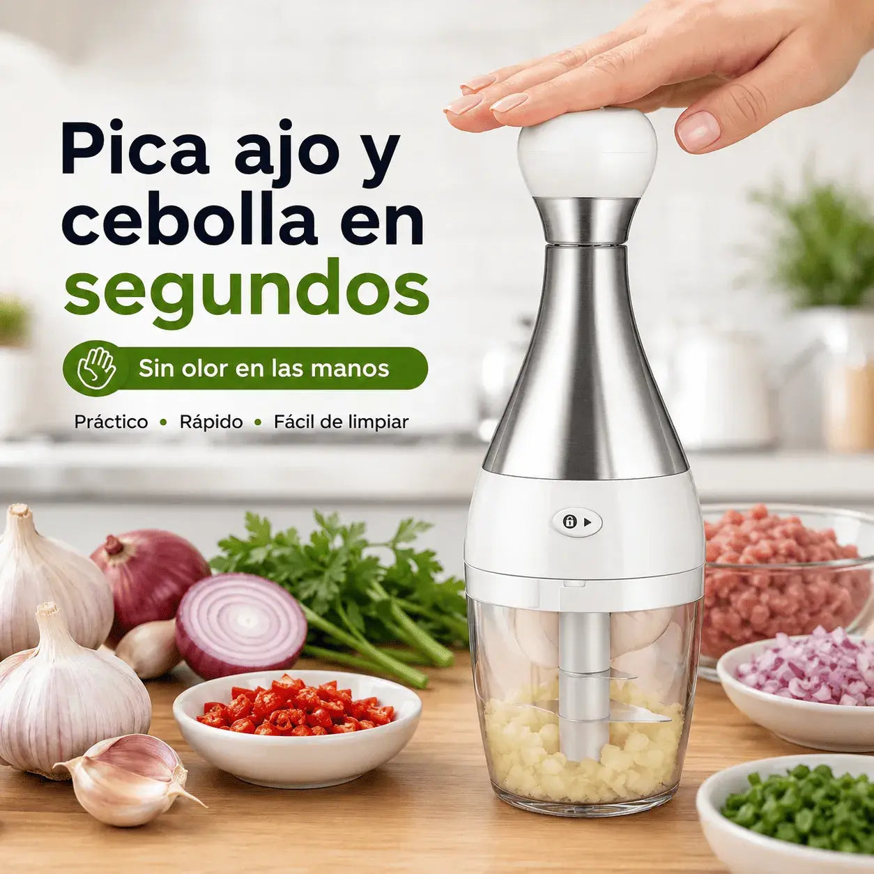 Compra Picador Manual Bolo para ajo, verduras, cebolla y carnes. Diseño práctico con cuchillas en acero inoxidable, base antideslizante y fácil limpieza