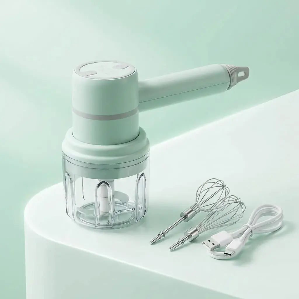 Picador y batidor eléctrico de 3 velocidades con cuchillas en acero inoxidable. Ideal para picar, triturar y mezclar ingredientes fácilmente.