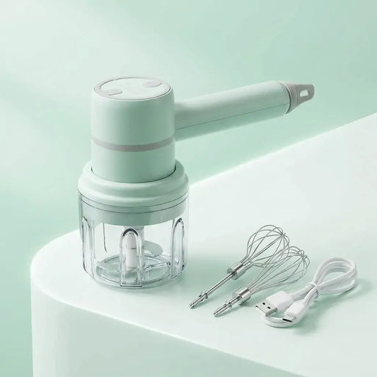 Picador y batidor eléctrico de 3 velocidades con cuchillas en acero inoxidable. Ideal para picar, triturar y mezclar ingredientes fácilmente.