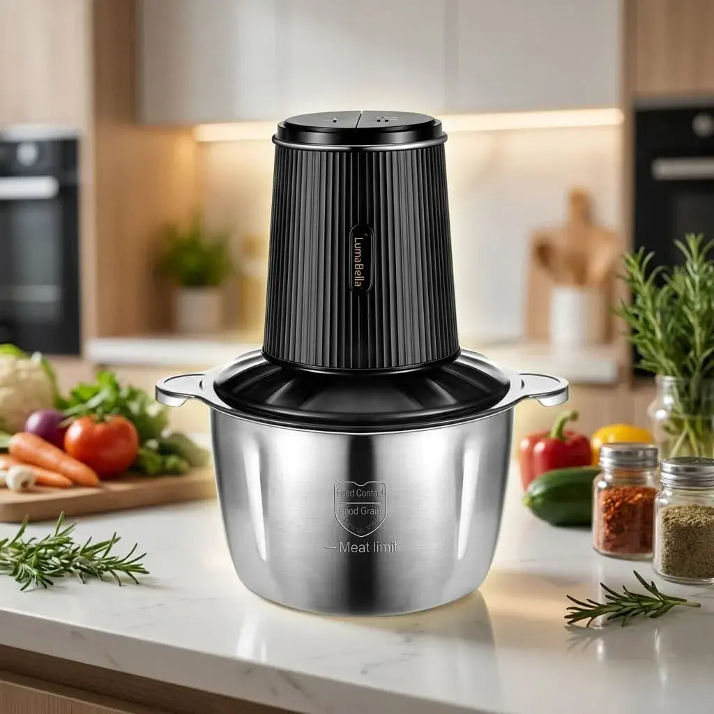 Picadora eléctrica de alimentos 2 litros con tazón de acero inoxidable, cuchillas afiladas y diseño compacto para carne, verduras, frutas y hierbas.