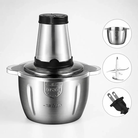 Picadora eléctrica de 2 litros con recipiente de acero inoxidable, dos velocidades y cuchillas multifuncionales para carnes, verduras, quesos y más