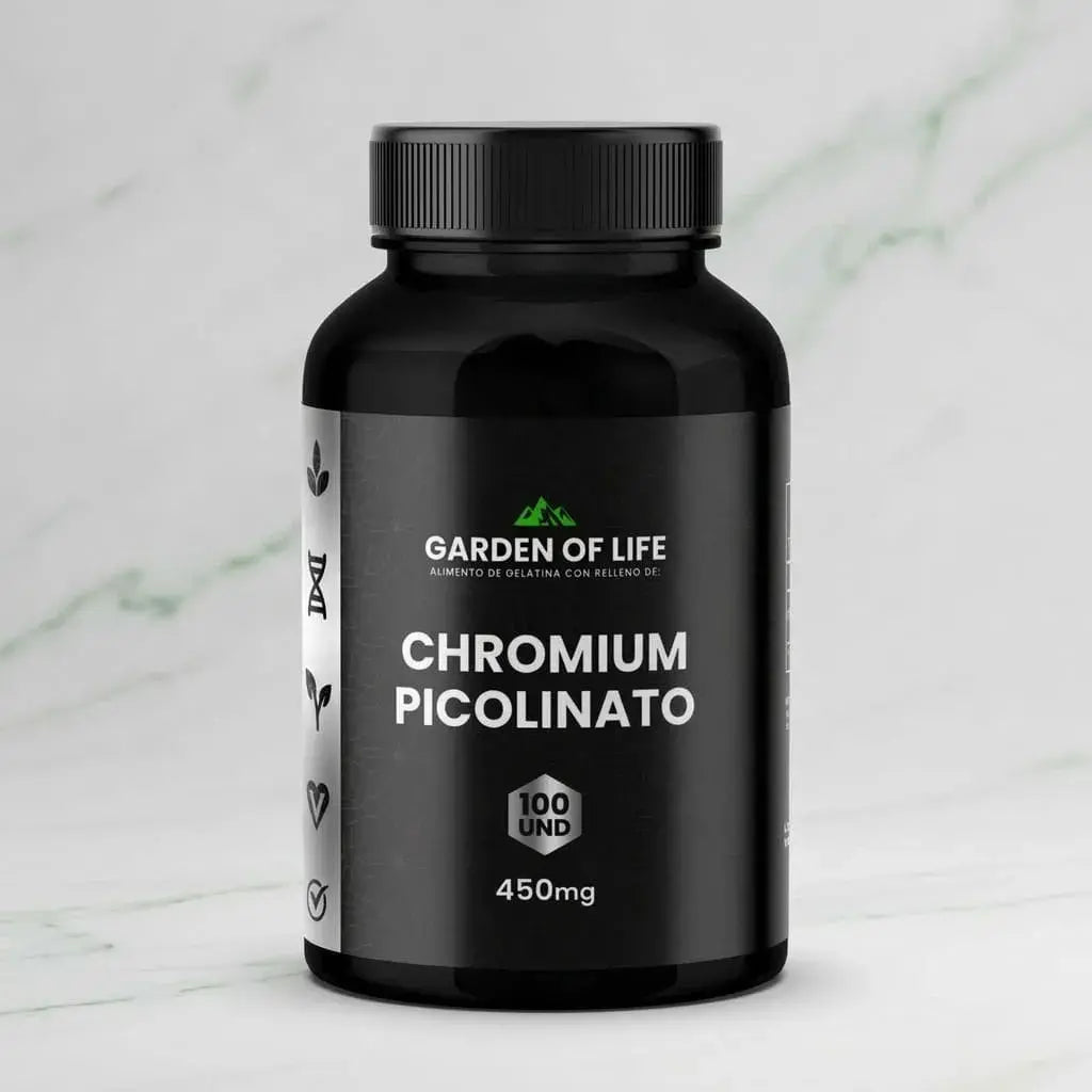 Picolinato de Cromo 450 mg en cápsulas, frasco oscuro de 360 cc con termosellado de seguridad. Complemento para bienestar metabólico, energía y control de antojos.