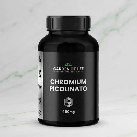 Picolinato de Cromo 450 mg en cápsulas, frasco oscuro de 360 cc con termosellado de seguridad. Complemento para bienestar metabólico, energía y control de antojos.