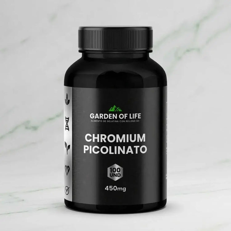 Picolinato de Cromo 450 mg en cápsulas, frasco oscuro de 360 cc con termosellado de seguridad. Complemento para bienestar metabólico, energía y control de antojos.
