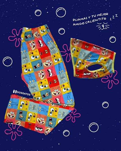 Pijama tipo pantalón inspirada en Bob Esponja, elaborada en tela piel de durazno suave y elástica. Incluye pijama talla M para gato o perro pequeño. Disponible en tallas S, M y L.