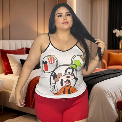 Pijama para mujer talla plus con short amplio y blusa de tiras, elaborada en tela piel de durazno suave, ligera y fresca para dormir o descansar.