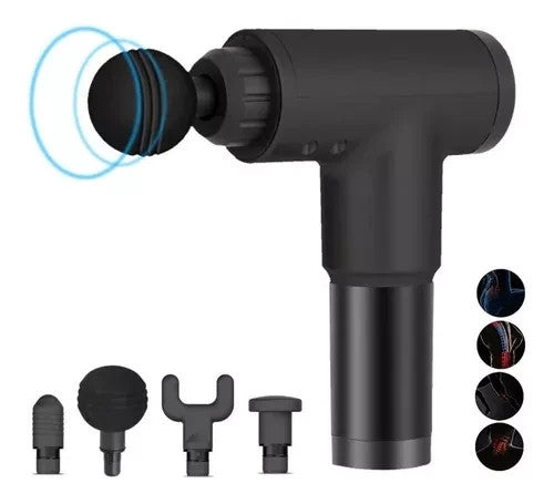 Pistola masajeadora muscular de percusión portátil y ergonómica, ideal para relajación, bienestar, calentamiento y uso después del ejercicio en piernas, espalda, glúteos y otras zonas del cuerpo.