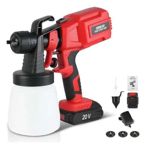Pistola de pintura eléctrica recargable 20 V con depósito de 1 litro, 3 modos de aplicación, 4 boquillas, flujo ajustable y diseño inalámbrico para pintar paredes, muebles, puertas y exteriores.