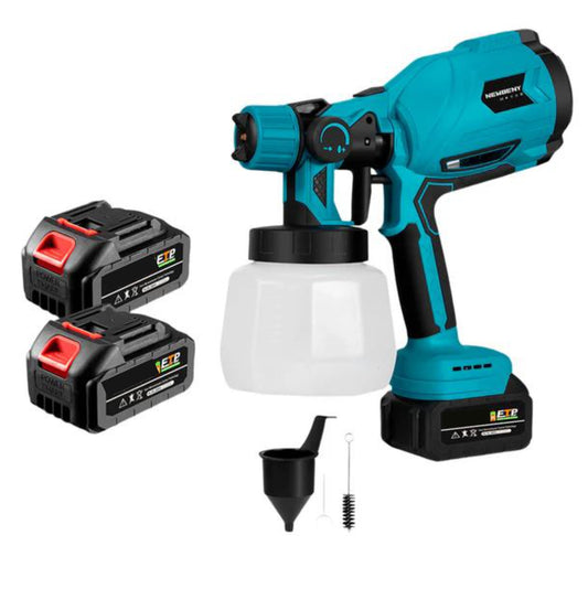Pistola de pintura inalámbrica recargable 21V con doble batería, depósito de 800 ml, flujo ajustable y tres patrones de pulverización para pintura a base de agua.