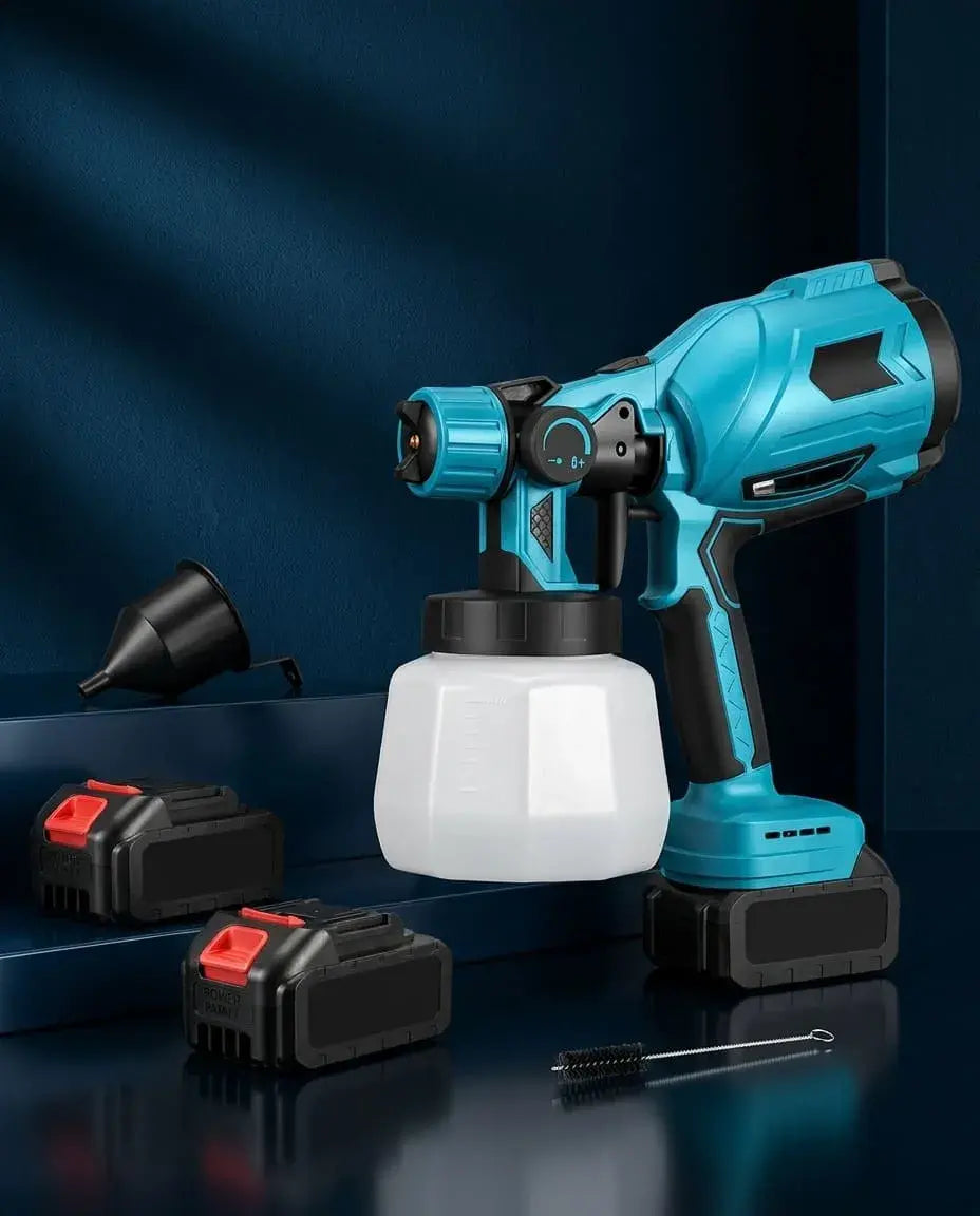 Pistola de pintura inalámbrica recargable 21V con doble batería, depósito de 800 ml, flujo ajustable y tres patrones de pulverización para pintura a base de agua.