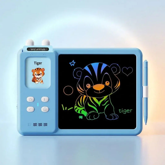 Tablero pizarra mágico didáctico 2 en 1 con pantalla LCD y tarjetas parlantes en inglés. Ideal para dibujo, escritura y aprendizaje infantil.