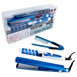 Plancha Titanium Azul 3 en 1 para alisar, rizar y ondular, con placas de titanio, peine guía integrado, temperatura ajustable, punta fría y cable giratorio 360°.