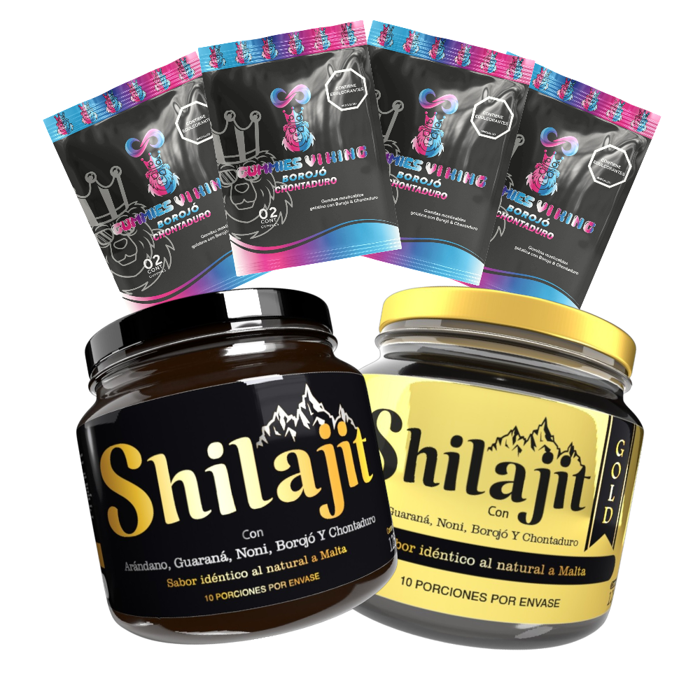 Promo Dúo Shilajit con 1 Shilajit Original, 1 Oro de Shilajit y 4 Gummies Vi King. Suplemento natural en resina para energía, vitalidad y bienestar en adultos.