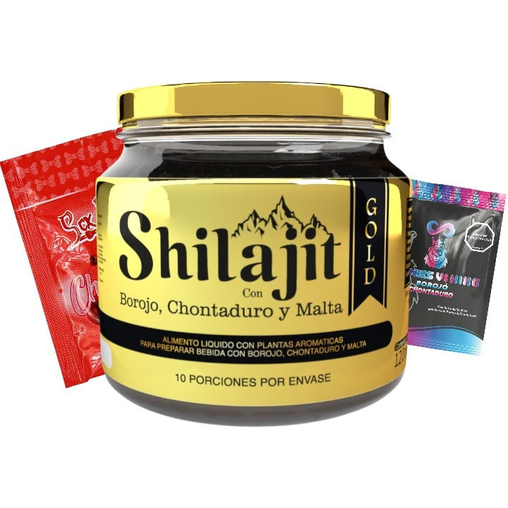 Promo Shilajit 125 mL en bálsamo de resina natural con sachet sabor Fresa, Chocolate o Cereza y Gummies Vi King. Suplemento para adultos enfocado en vitalidad y bienestar diario.