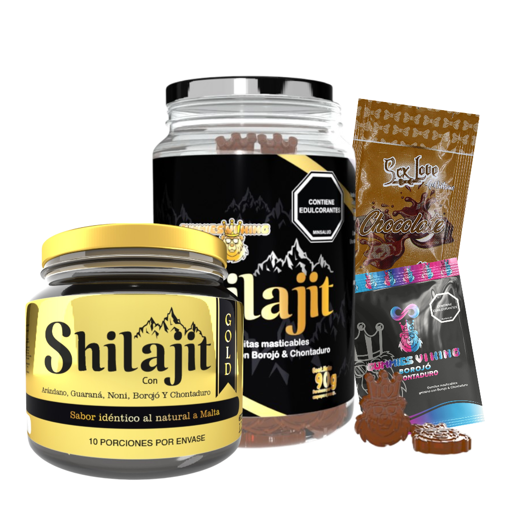 Promo Shilajit Gold con bálsamo de resina 125 mL, gomas Osito Shilajit, SCK Love y Gummies Vi King. Combo para energía, vitalidad y bienestar en adultos.