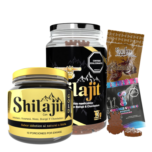 Promo Shilajit Gold con bálsamo de resina 125 mL, gomas Osito Shilajit, SCK Love y Gummies Vi King. Combo para energía, vitalidad y bienestar en adultos.
