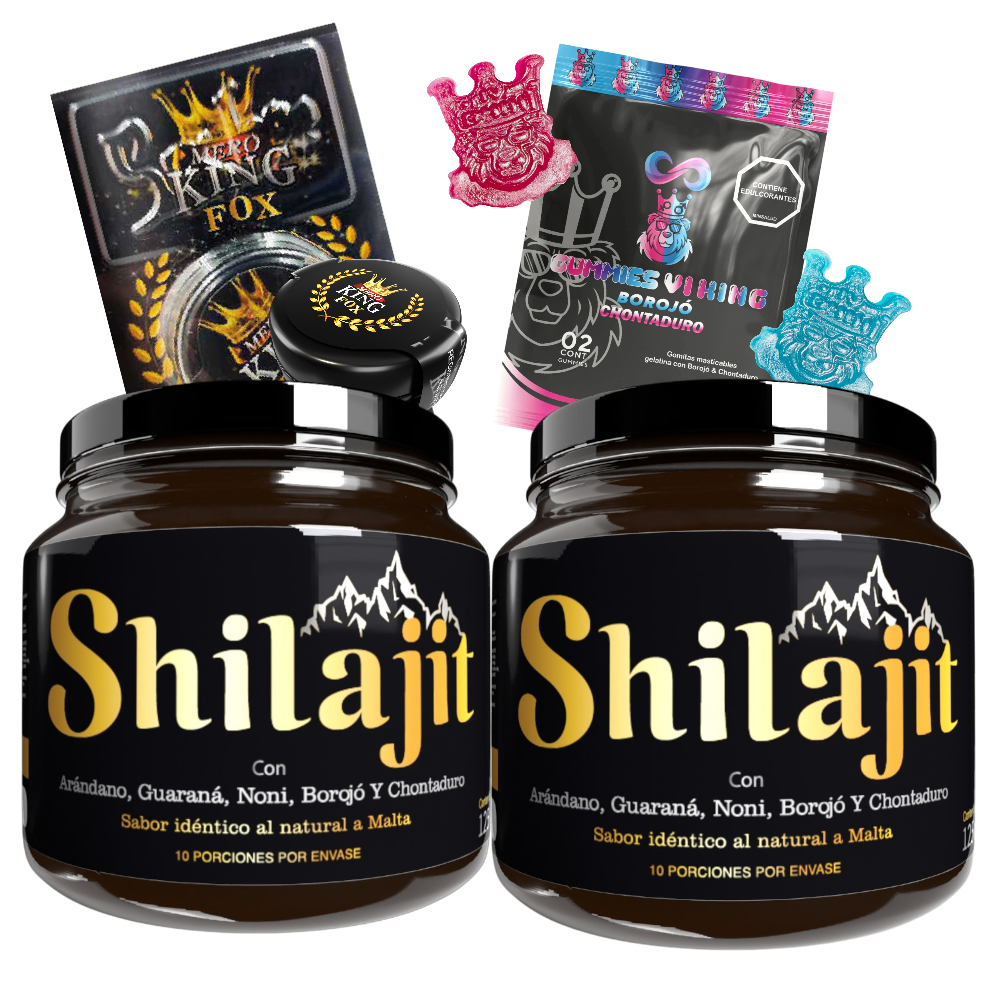 Promo Shilajit Original x2 en resina de 125 mL con Gummies Viking y Mero King Fox. Suplemento natural con registro INVIMA para vitalidad, energía y bienestar en adultos.