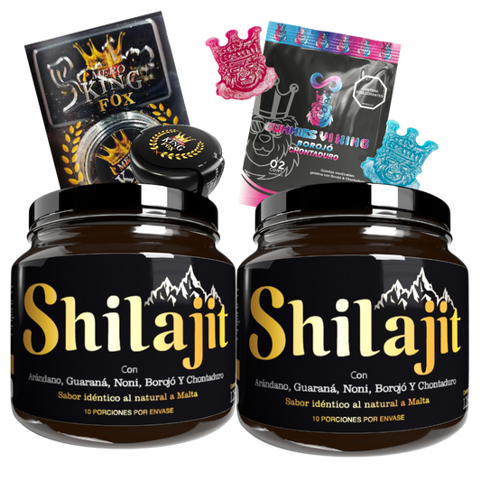 Promo Shilajit Original x2 en resina de 125 mL con Gummies Viking y Mero King Fox. Suplemento natural con registro INVIMA para vitalidad, energía y bienestar en adultos.