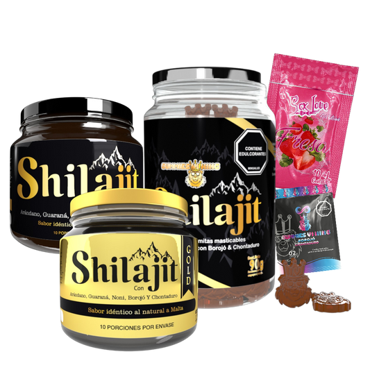 Promoción Shilajit Original Gold y Gomas con resina 125 mL, Oro de Shilajit, gomas tipo osito, gel corporal y Gomitas Vi King. Combo para adultos enfocado en vitalidad y bienestar diario.