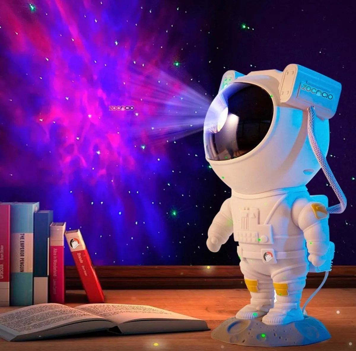 Proyector Galaxia Astronauta LED con estrellas, nebulosa multicolor, control remoto, temporizador, cabeza giratoria 360 grados y alimentación USB para dormitorio.