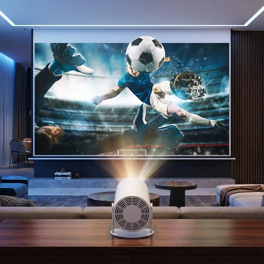 Proyector Smart HY300 con Android 11, WiFi 6 y Bluetooth 5.0. Soporta 1080P y 4K, pantalla hasta 130 pulgadas para cine en casa.