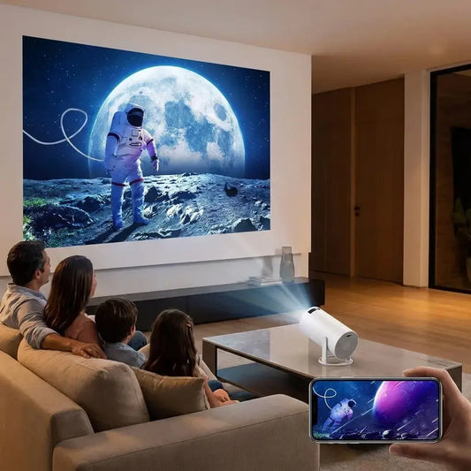 Proyector Smart HY300 con Android 11, WiFi 6, Bluetooth 5.0, resolución nativa 720P, compatibilidad 4K, pantalla hasta 130 pulgadas y giro de 180°.