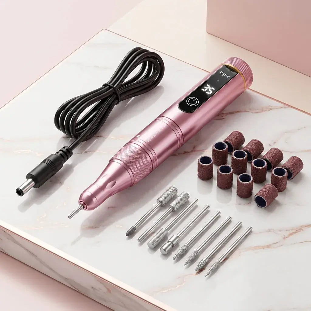 Pulidor de uñas inalámbrico 35000 RPM recargable. Ideal para uñas acrílicas, gel y naturales. Incluye brocas y accesorios para manicura profesional.