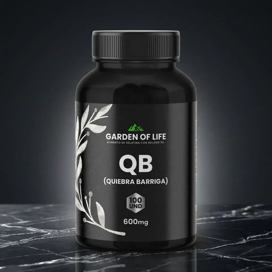 QB Quiebra Barriga 600 mg en softgels, frasco oscuro de 360 cc con termosellado de seguridad. Suplemento dietario para bienestar digestivo, líquidos y ligereza.