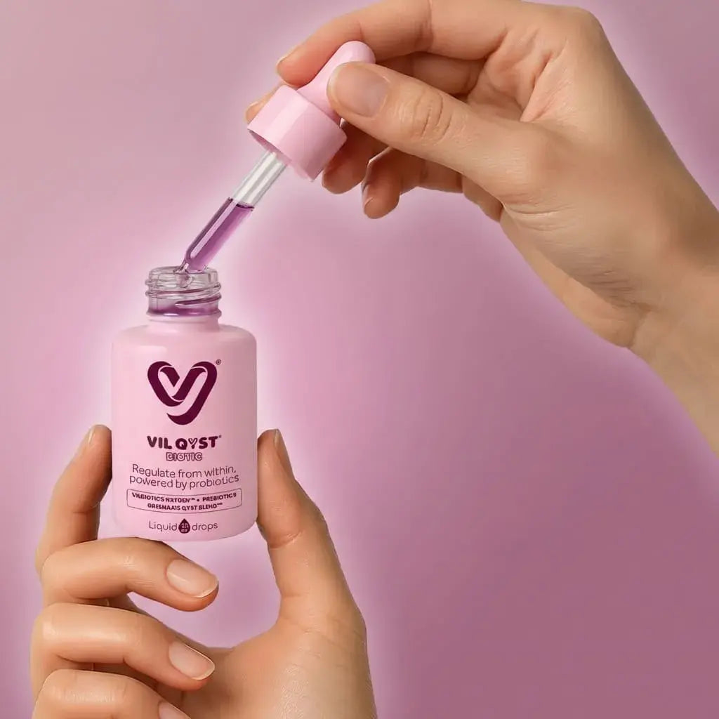 Gotas probióticas con ingredientes naturales que apoyan el equilibrio hormonal femenino y el bienestar del ciclo menstrual.