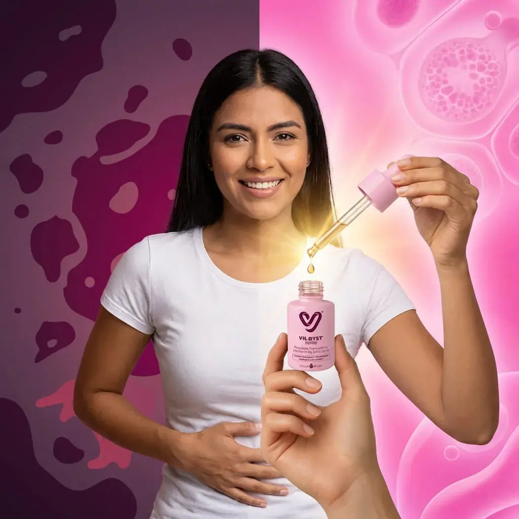 Gotas probióticas con ingredientes naturales que apoyan el equilibrio hormonal femenino y el bienestar del ciclo menstrual.