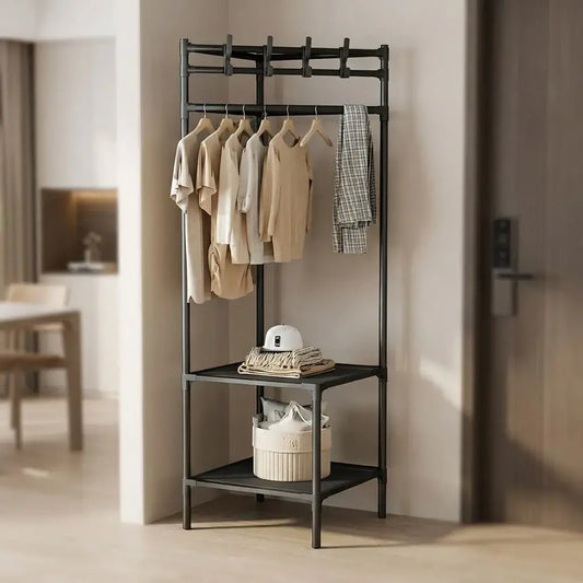 Rack organizador multifuncional 4 en 1 con zapatero, perchero y repisa. Ideal para ropa, zapatos, bolsos y accesorios en habitaciones o entradas.