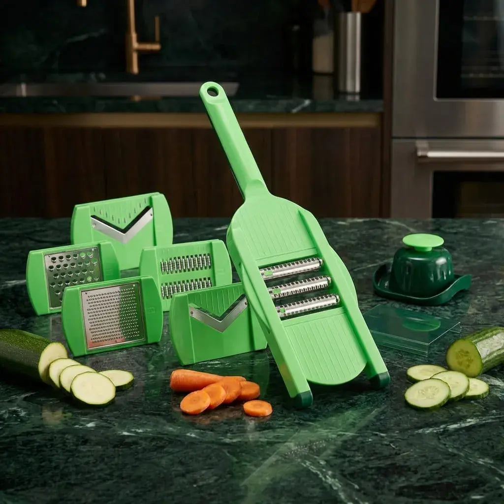 Rallador multifuncional 6 en 1 con cuchillas intercambiables. Permite rebanar, rallar y cortar en julianas o cubos de forma rápida y práctica.